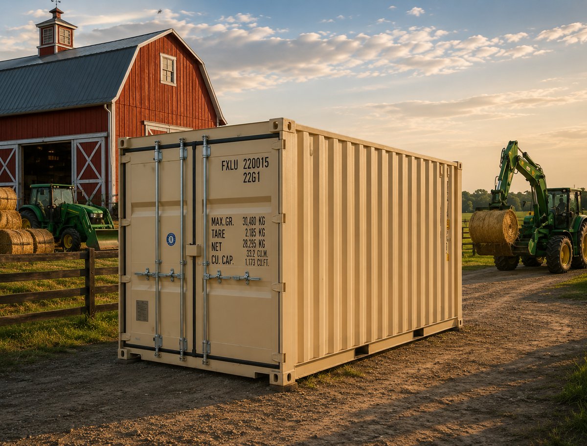 Farm storage container beside a barn
