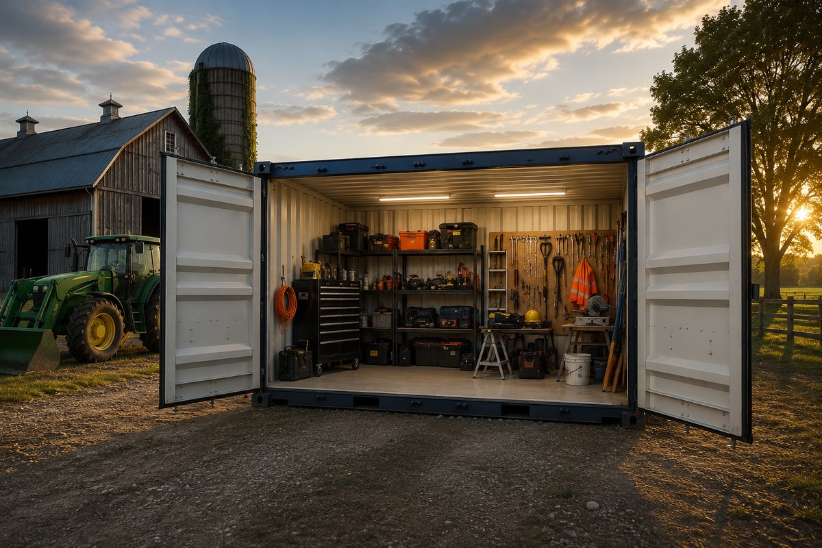 Open container with tools and equipment on a farm