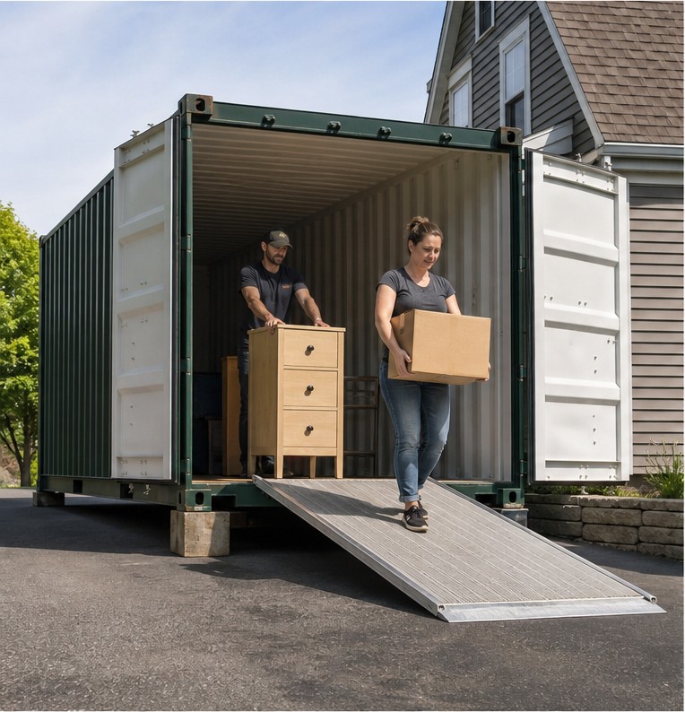 Two homeowners unloading furniture and boxes through both short-end cargo doors of a twenty foot container