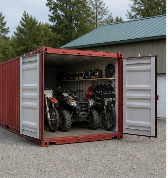 Motorcycles ATV helmets and riding gear stored through both short-end doors of a twenty foot container
