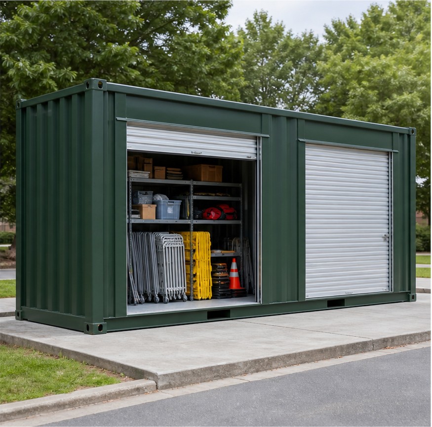Modified container workspace beside a school facilities area