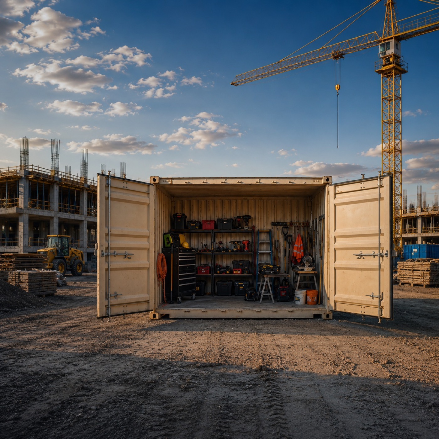 Construction site storage container with tools inside